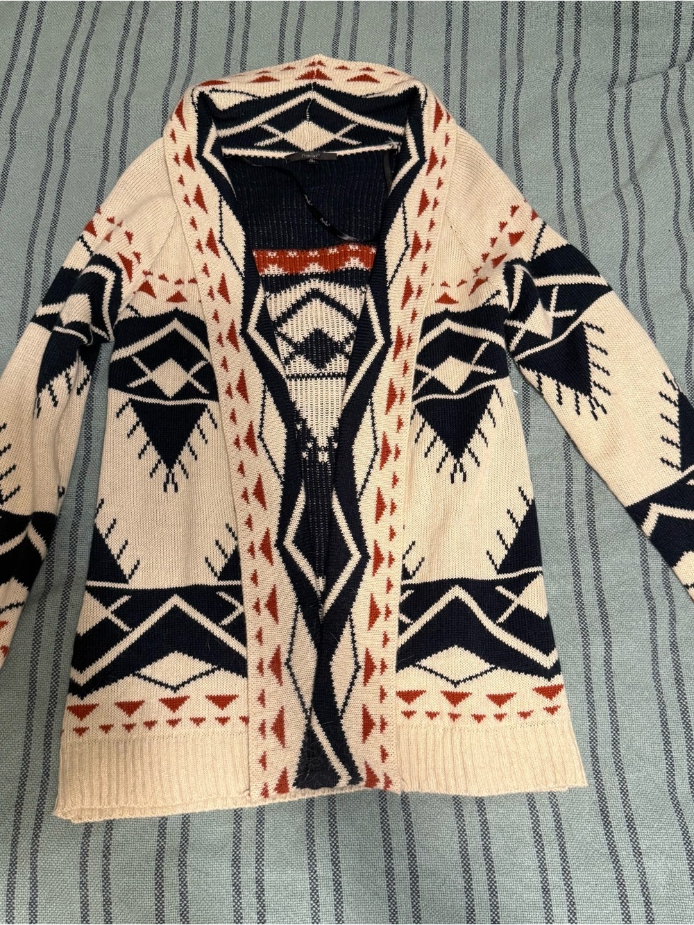 Papaya Cream Open-Front Aztec Cardigan with Navy and Rust Accents